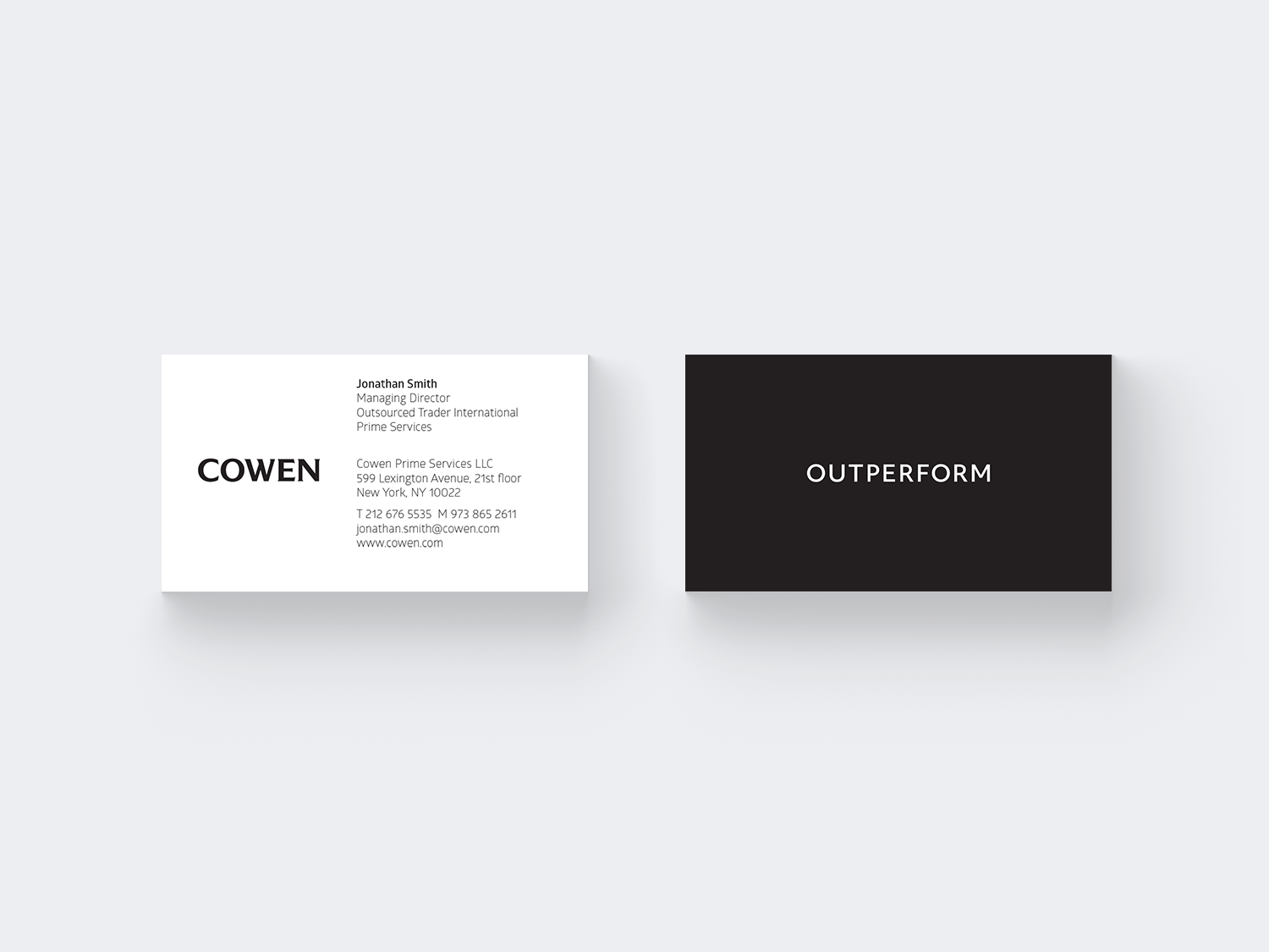 Cowen business card front and back (with Outperform tagline)